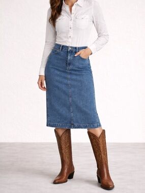 J.Crew Classic Denim Midi Skirt Size 6 Medium Wash Back Slit